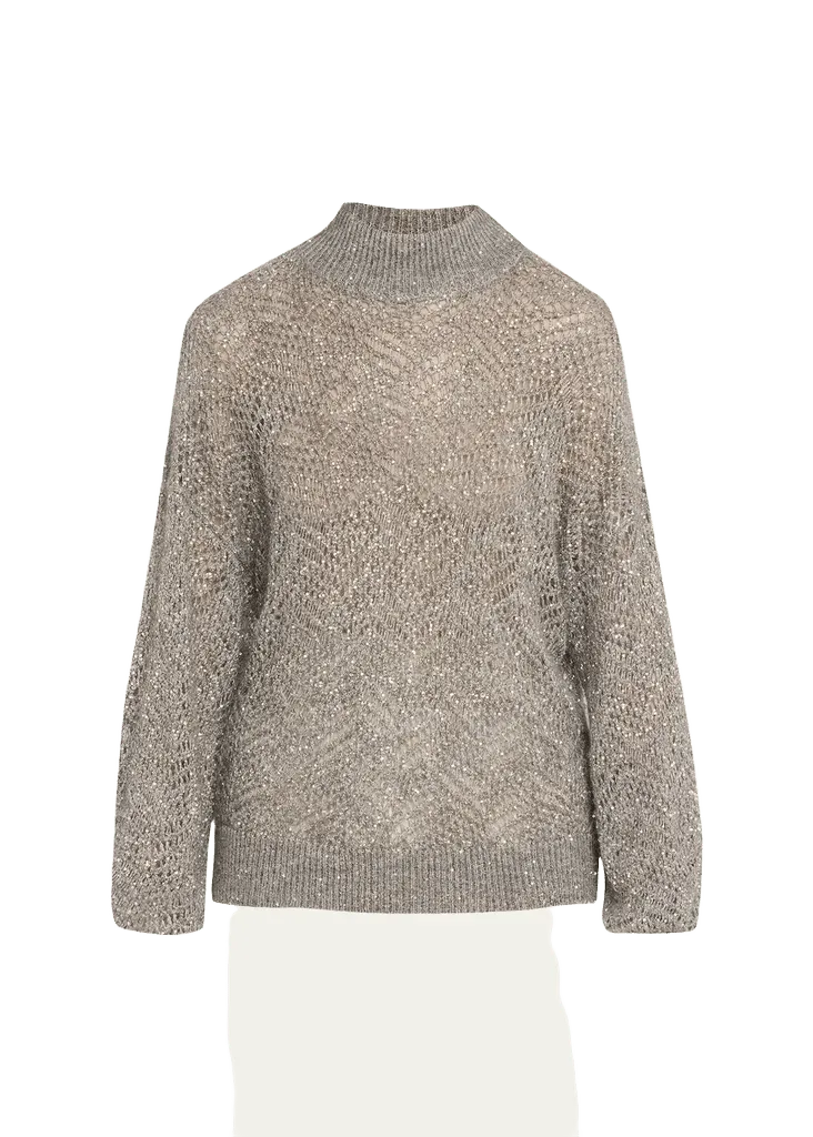 Brunello Cucinelli Airy Shimmer Open-Knit Mock Neck Sweater