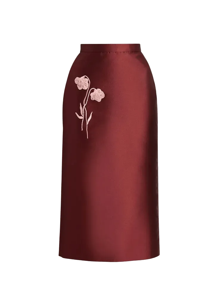 Floral Embroidered Mikado Silk Midi Skirt