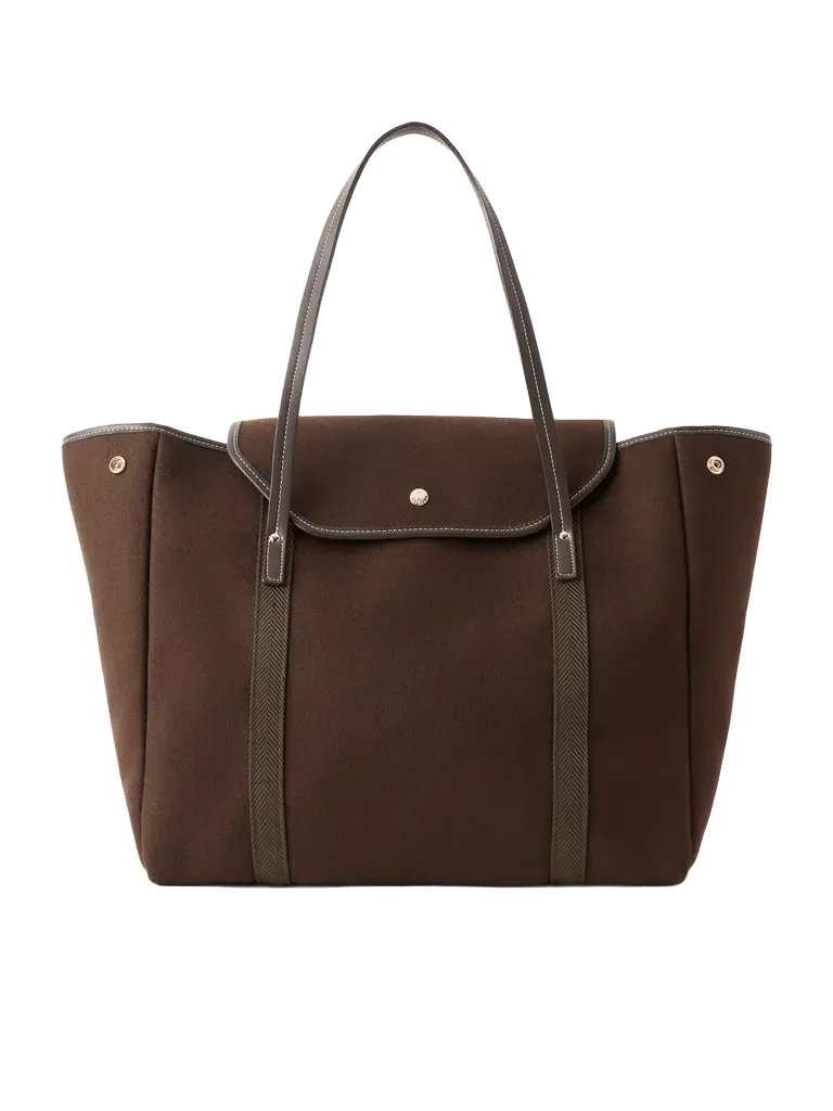 Madison webbing and leather-trimmed wool-flannel tote - dark brown - One Size