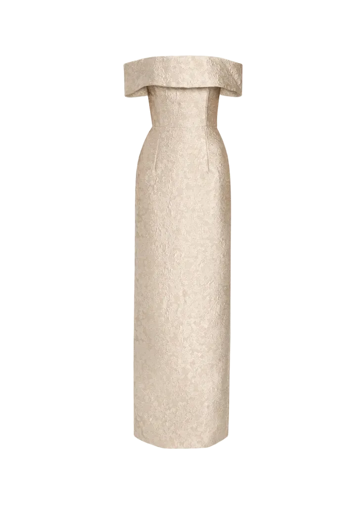 Clover Metallic Floral Jacquard Off-The-Shoulder Column Gown