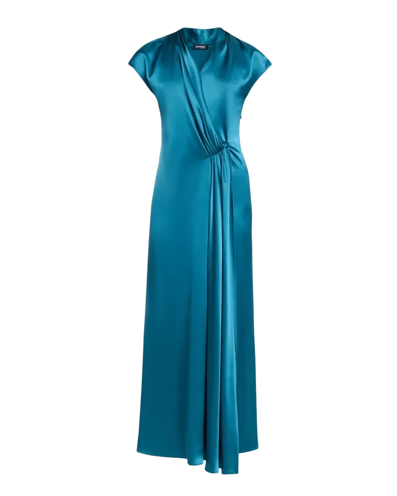 Cap-Sleeve Pleated Satin Wrap Maxi Dress