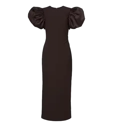 Puff-sleeve satin-trimmed midi dress
