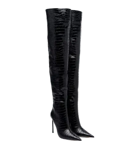 Croc-effect leather over-the-knee boots