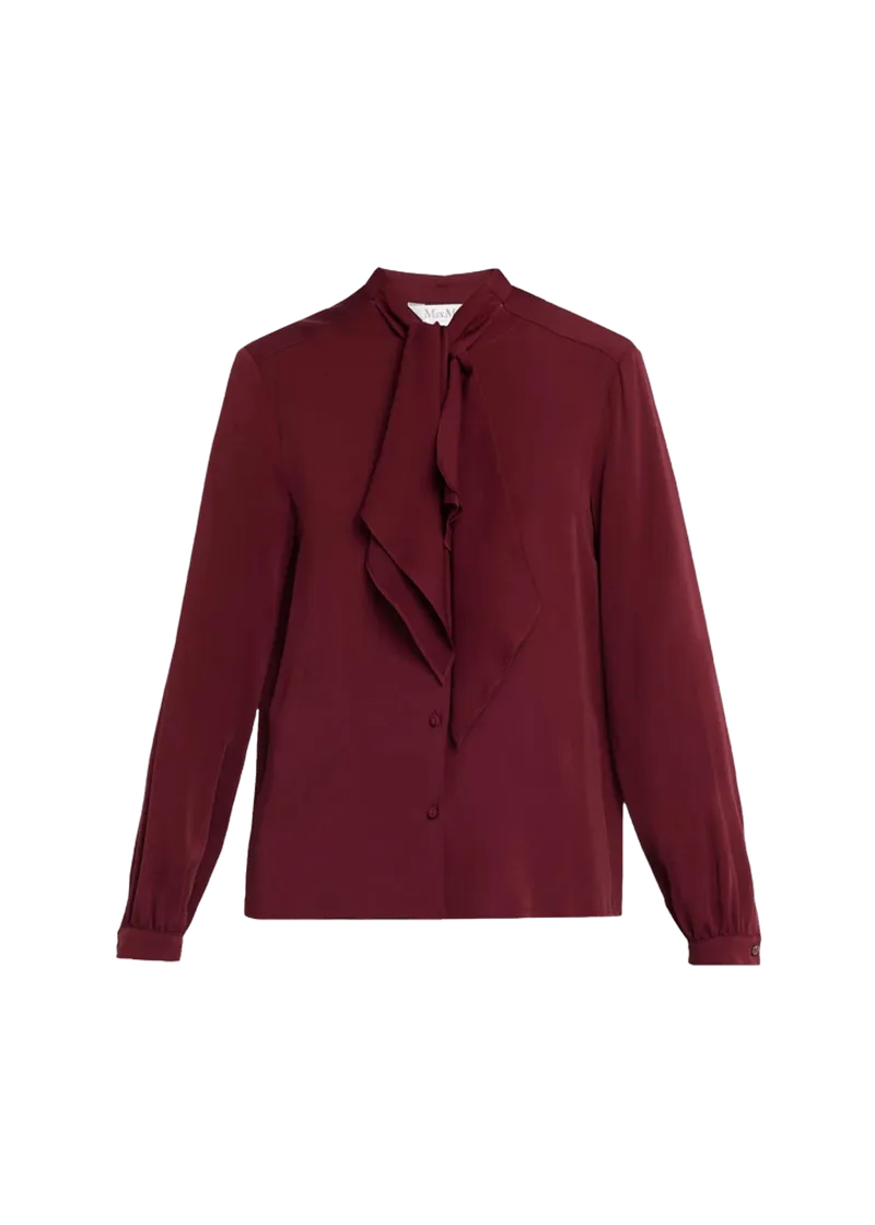 Silk Charmeuse Scarf-Neck Button-Down Blouse