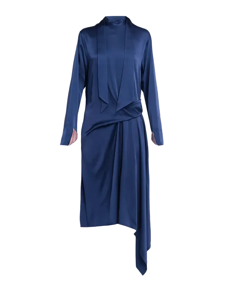 Scarf-Neck Draped Satin Long-Sleeve Midi Dress