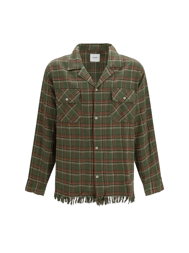 Found Raw-Cut Fringe Plaid Shirt — Green