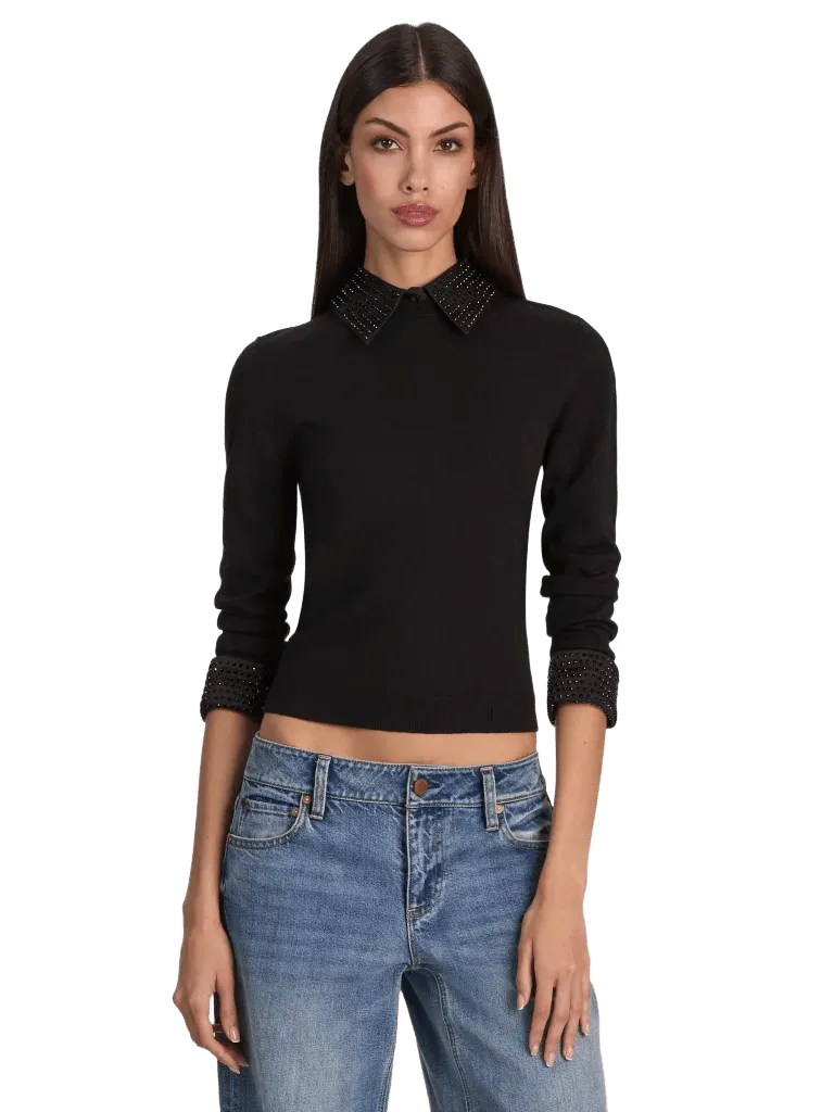PORLA EMBELLISHED COLLARED SWEATER - BLACK