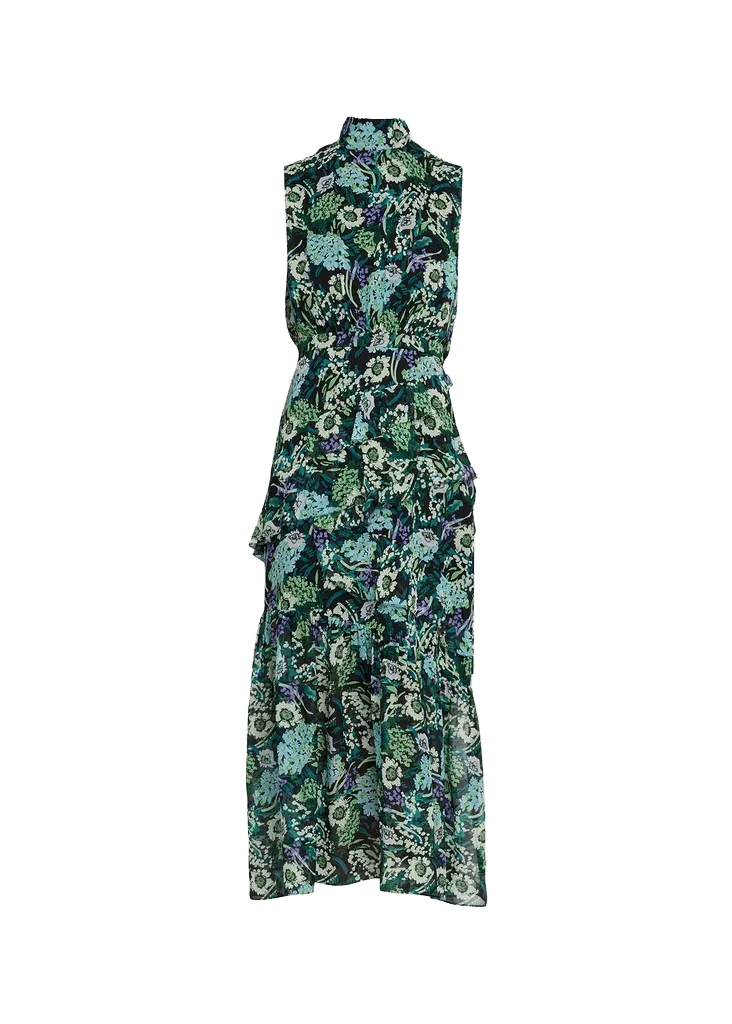 Saloni Fleur Silk Sleeveless Tiered-Ruffle Midi Dress
