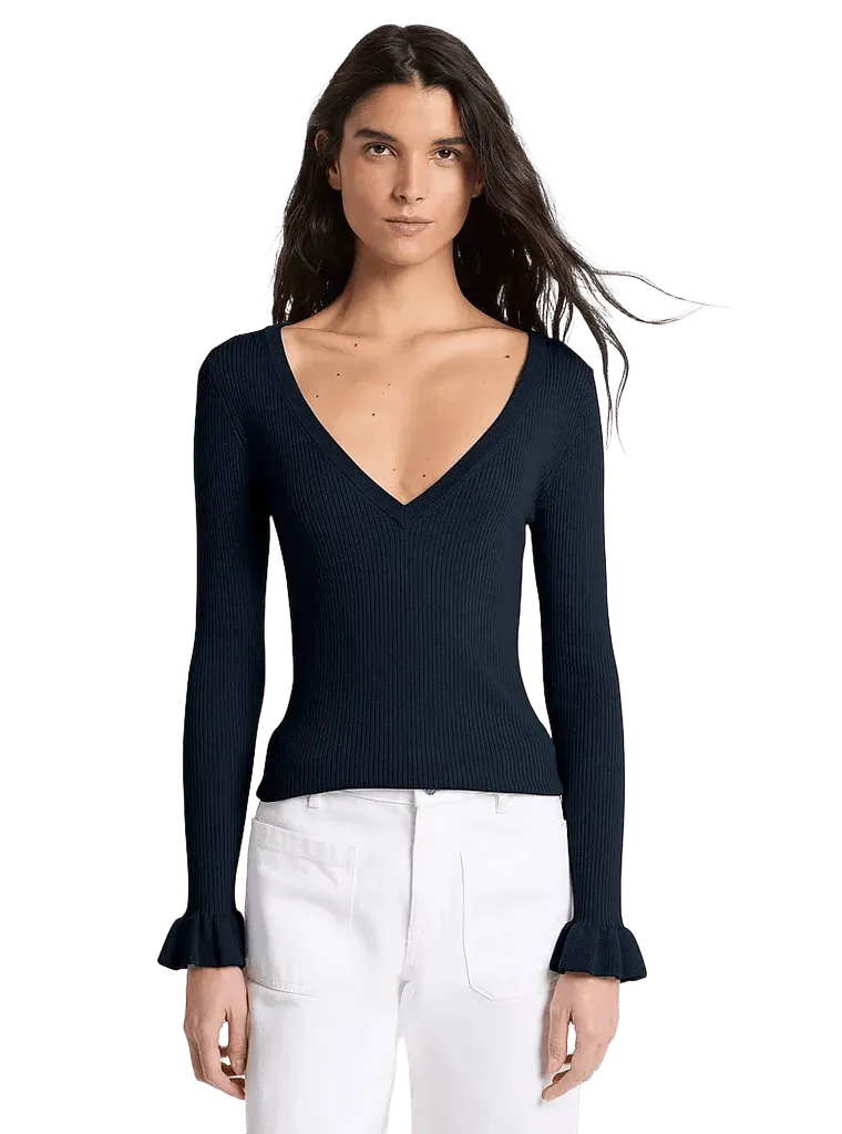 Ribbed Wool Blend V-Neck Sweater