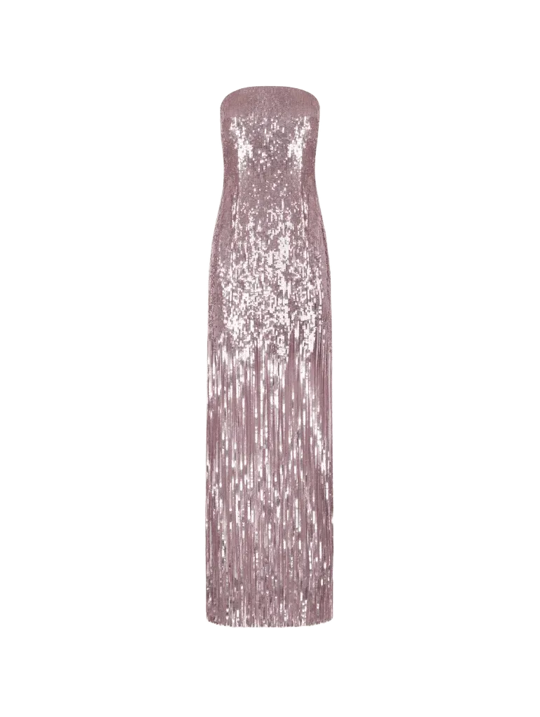 Sequin Fringe Strapless Gown