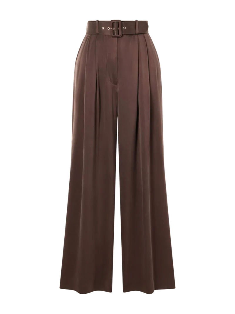 Belted pleated silk-satin wide-leg pants