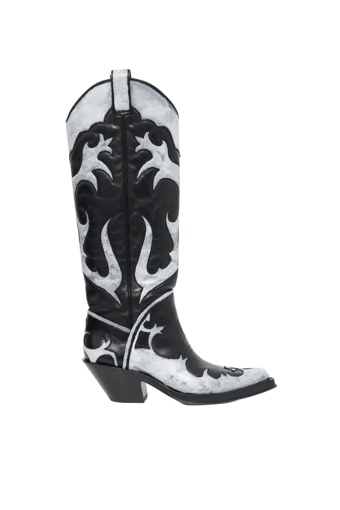 Hand Painted Capitana Cowboy Boot in Black & Grey Leather