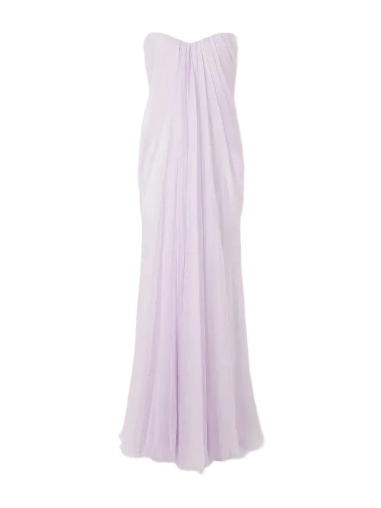Strapless draped silk bustier maxi dress