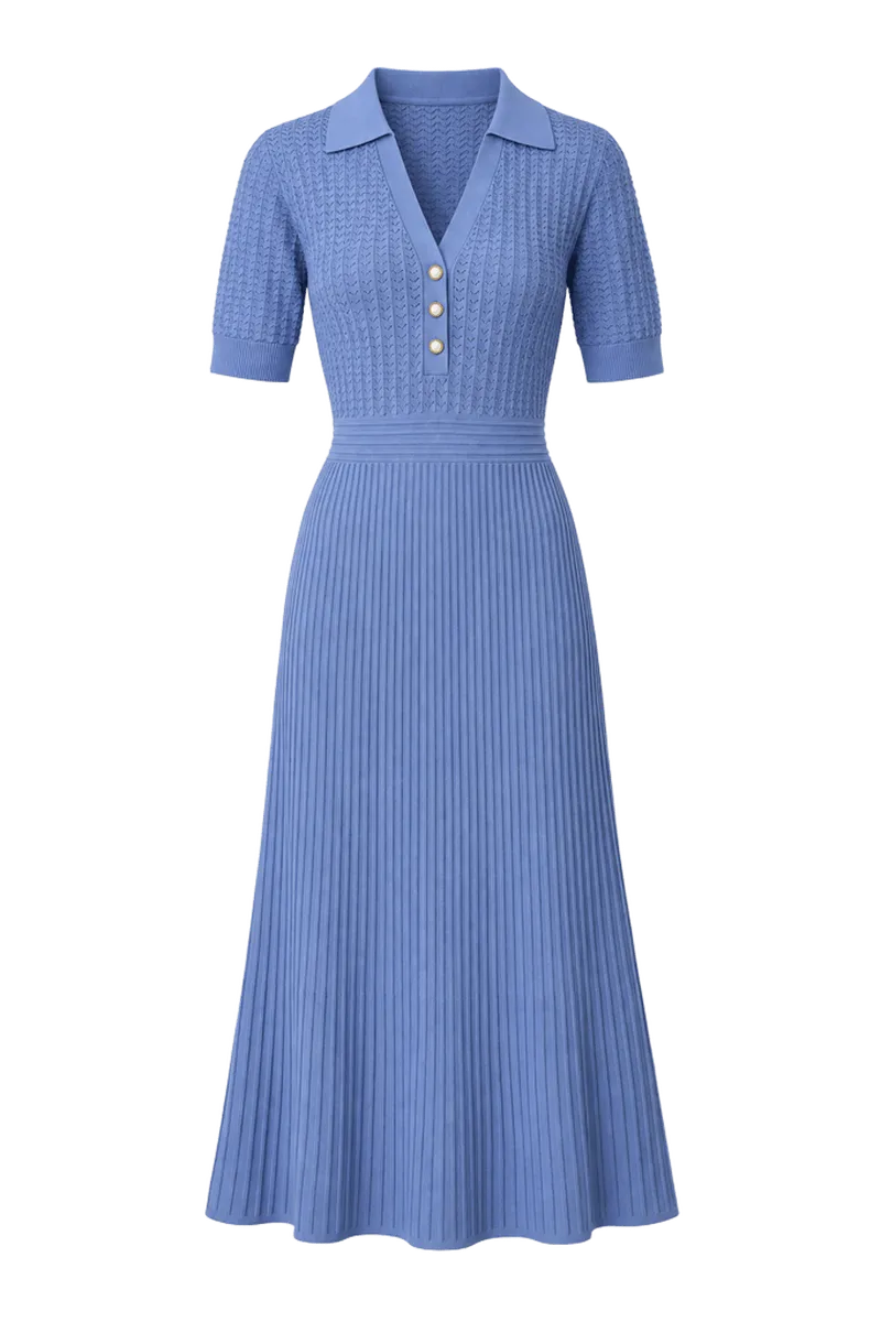 Pointelle Polo Midi Sweater Dress