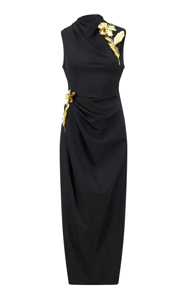 3D Metallic Embroidered Satin Jersey Column Dress