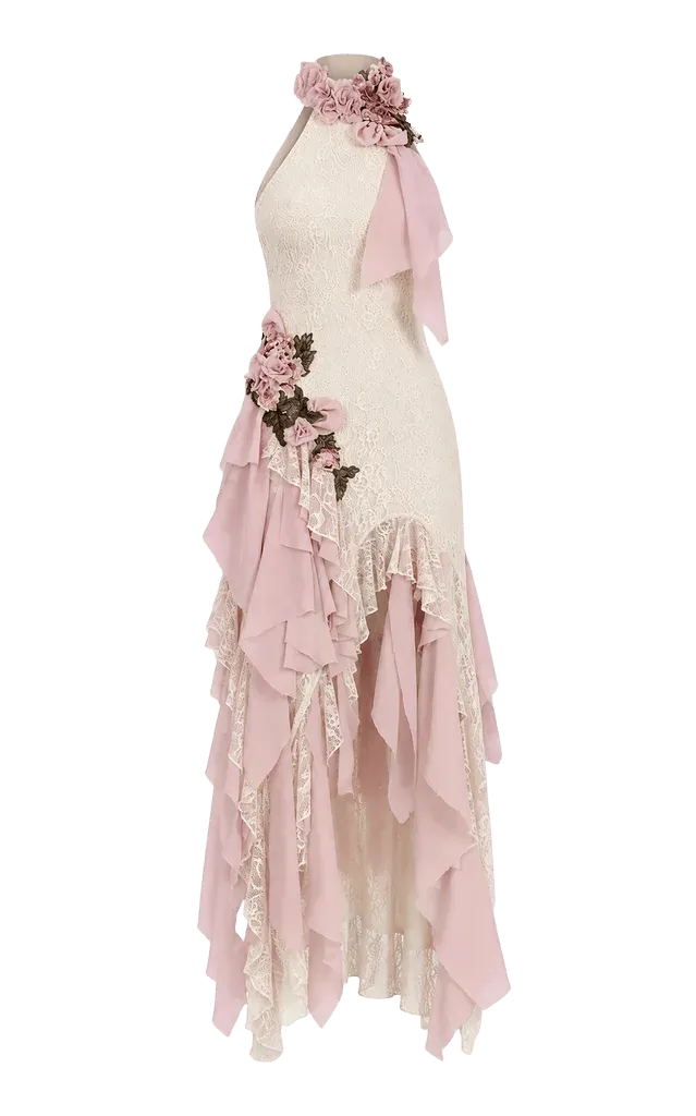 Floral Appliqué Ruffle Silk-Blend Gown