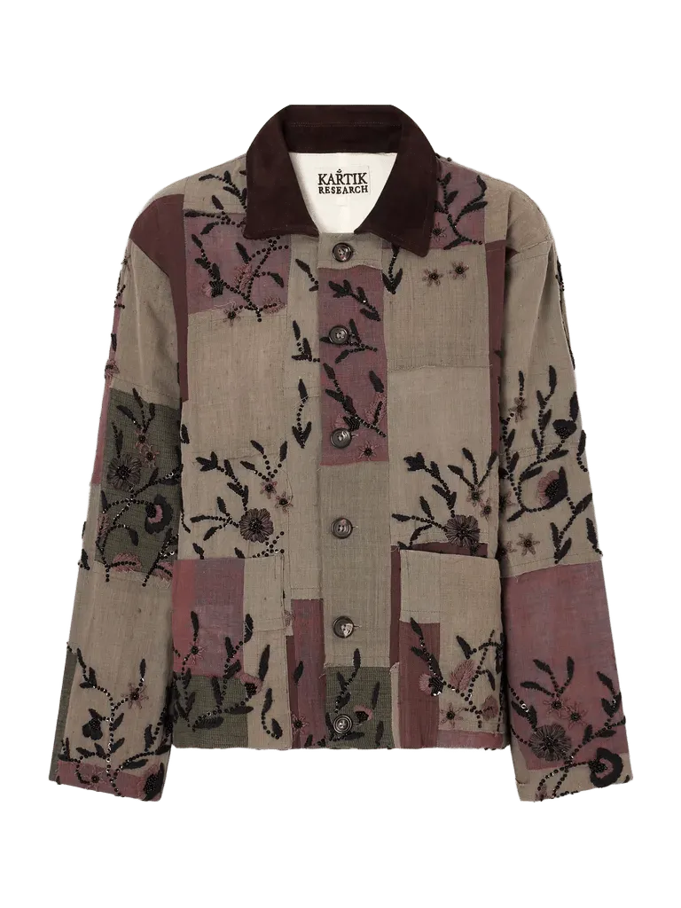 Embellished suede-trimmed patchwork woven cotton jacket