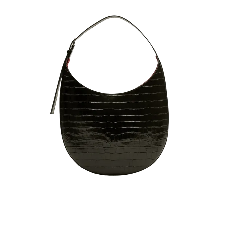 Round shoulder bag in croc-embossed leather