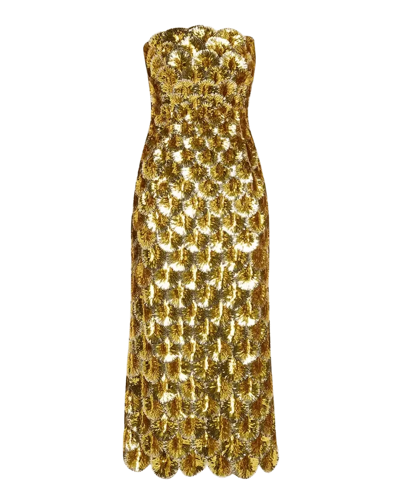 Strapless Scallop Sequined Midi Cocktail Dress
