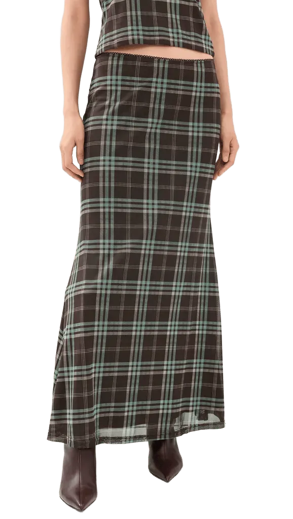 Check Print Mesh Maxi Skirt