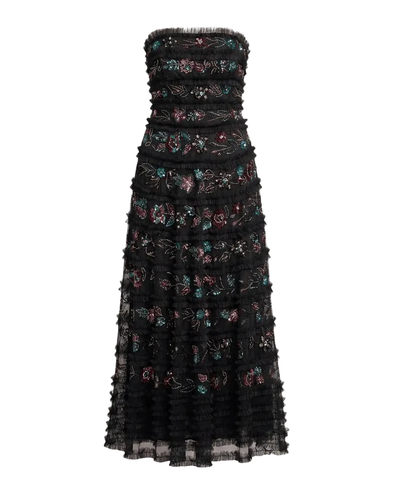 Floral Ruffled Mesh Strapless Midi Dress