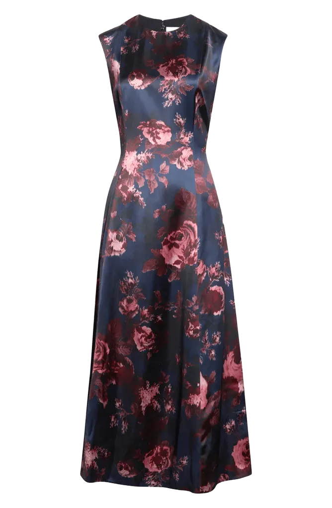 Floral Sleeveless Duchesse Satin Midi Dress
