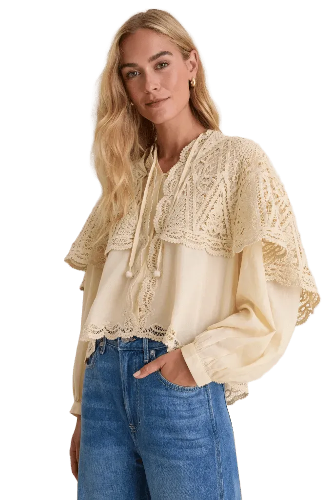 Cream Vali Embroidery Long Sleeve Cape Top