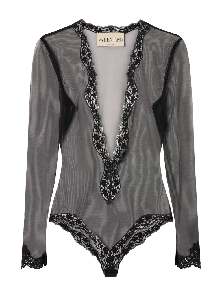 Lace-trimmed mesh bodysuit