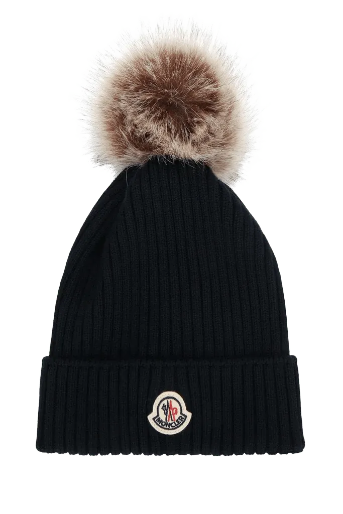 Moncler Jr HAT Fur-Pompom Ribbed Beanie — Navy