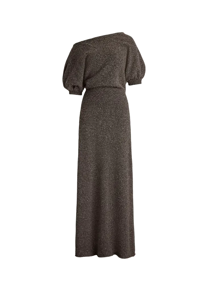Cecie Cashmere-Blend Donegal Off-The-Shoulder Maxi Day Dress