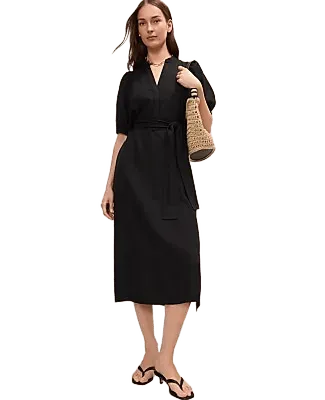Puff Sleeve Midi Dress in Linen Blend