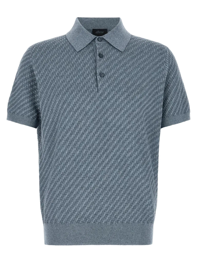 Brioni Trama Weave Cotton-Silk-Cashmere Polo Shirt — Blue