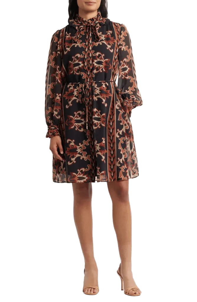 Florentine Print Long Sleeve Tie Neck Shirtdress