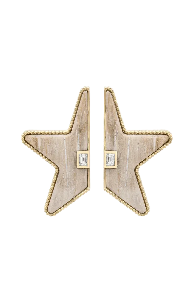 Mega Star Power Split Petrified Wood and Diamond Earrings