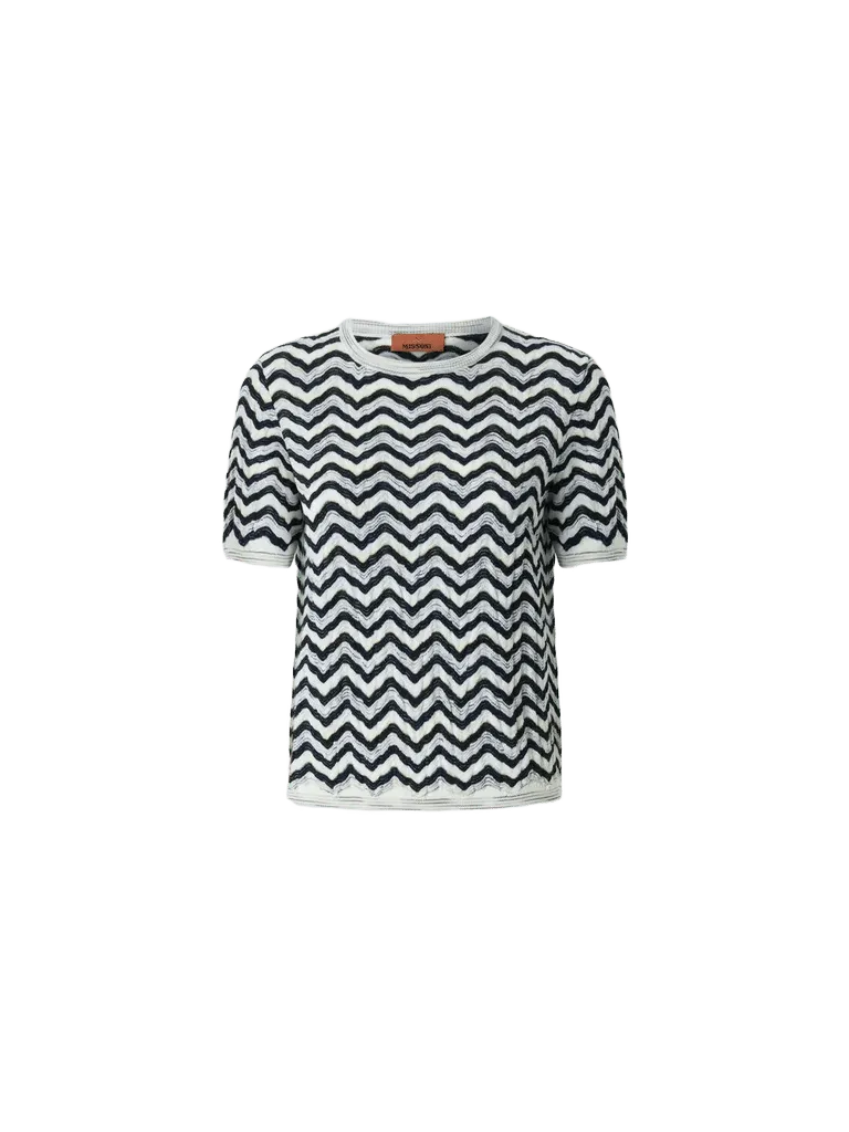 Short-sleeve wool and viscose top with wave motif