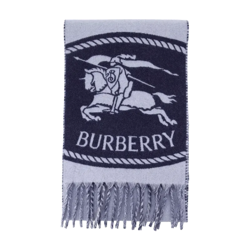 Burberry Logo-Embroidered Knight Cashmere Scarf — Blue