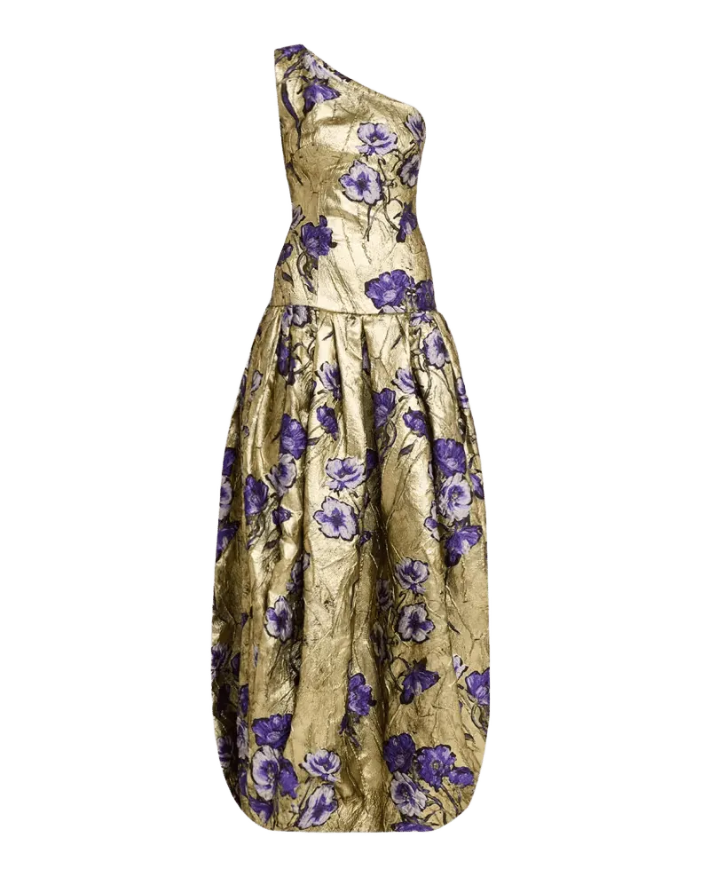 One-Shoulder Metallic Floral Jacquard Drop-Waist Bubble Gown