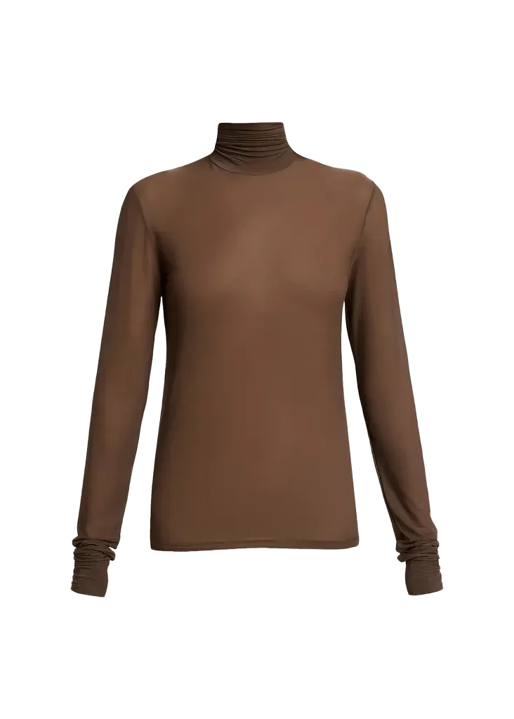 Turtleneck Sheer Jersey Stretch Long-Sleeve Top