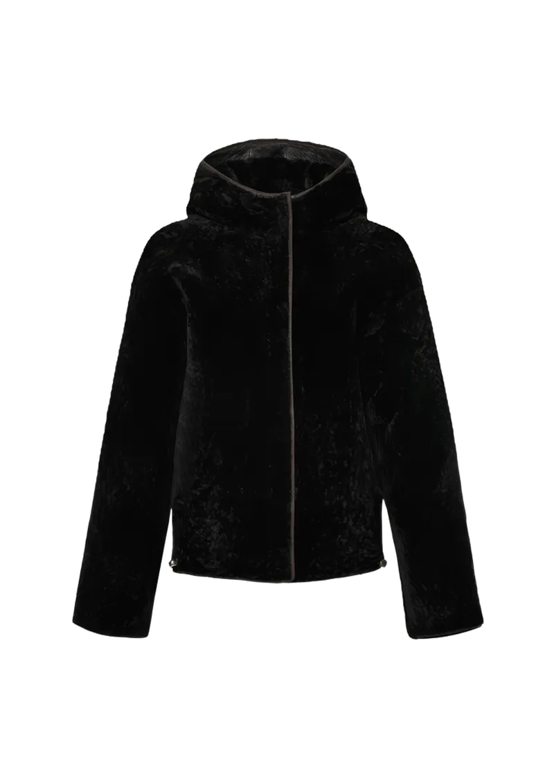 Textured Lamb Shearling Hooded Jacket