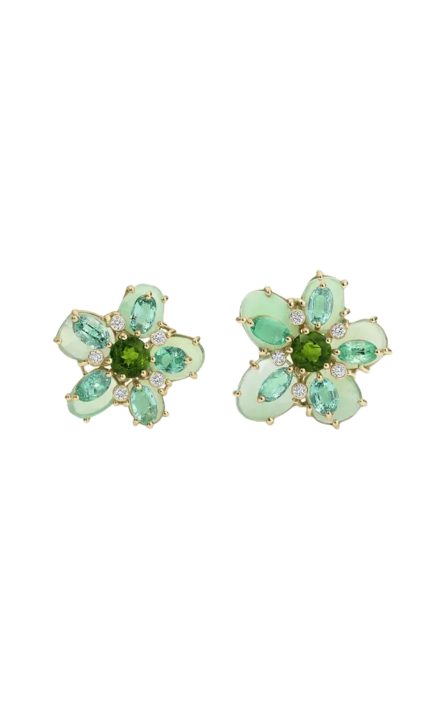 Green Petal 14K Yellow Gold Multi-Stone Stud Earrings