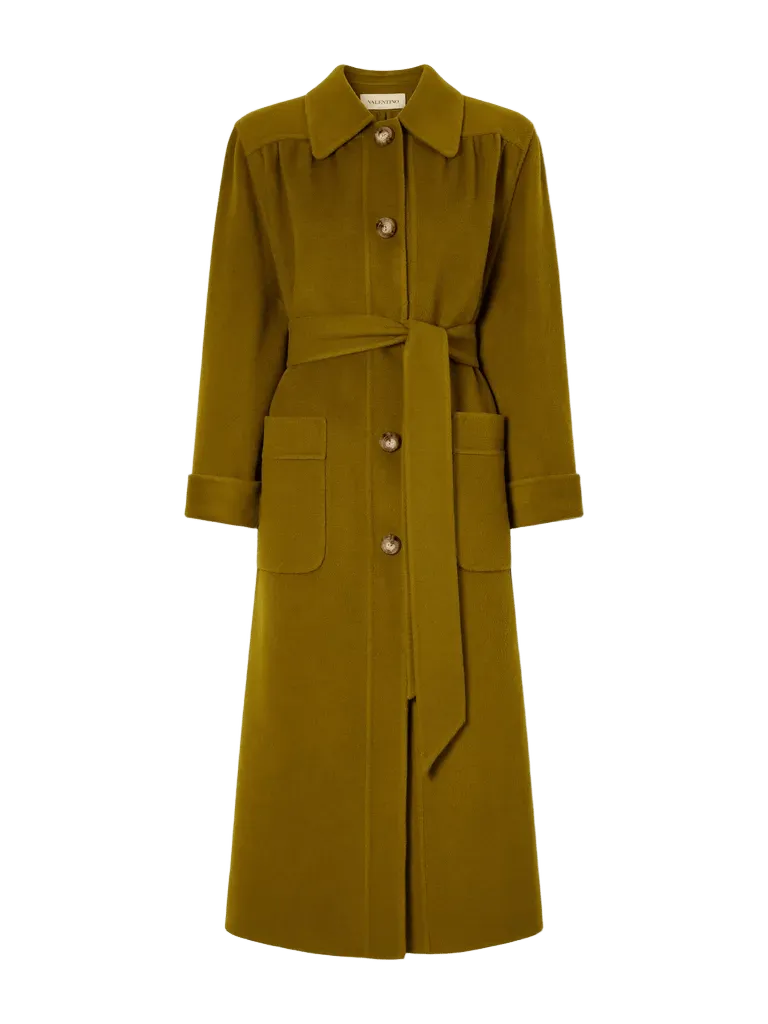 Belted gathered felted wool and cashmere-blend coat