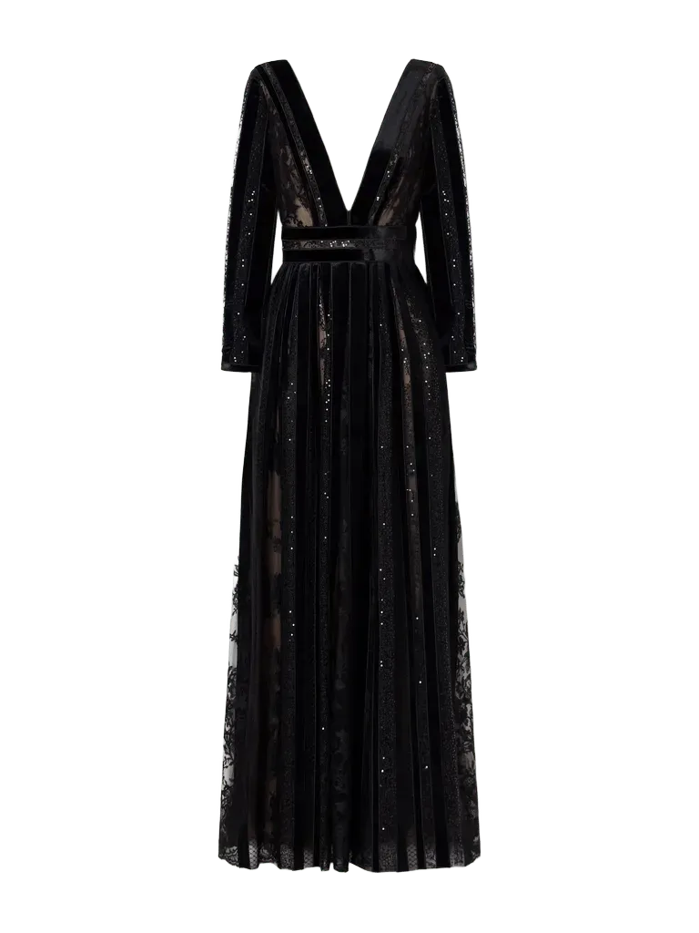 Malena sequin-embellished velvet-trimmed lace gown