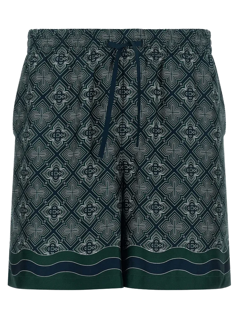 Casablanca Monogram-Print Silk Bermuda Shorts — Navy