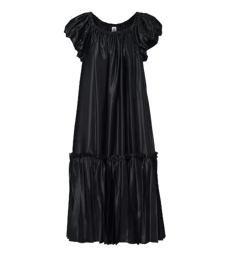 Pleated tiered satin midi dress