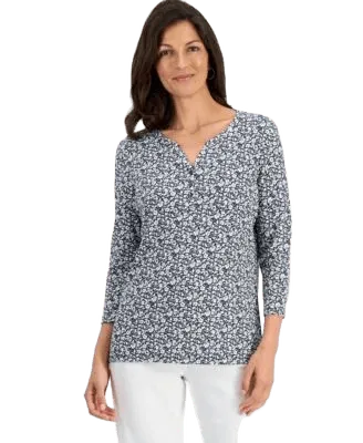 Women's Printed 3/4 Sleeve Henley Top, Macy's Exclusive