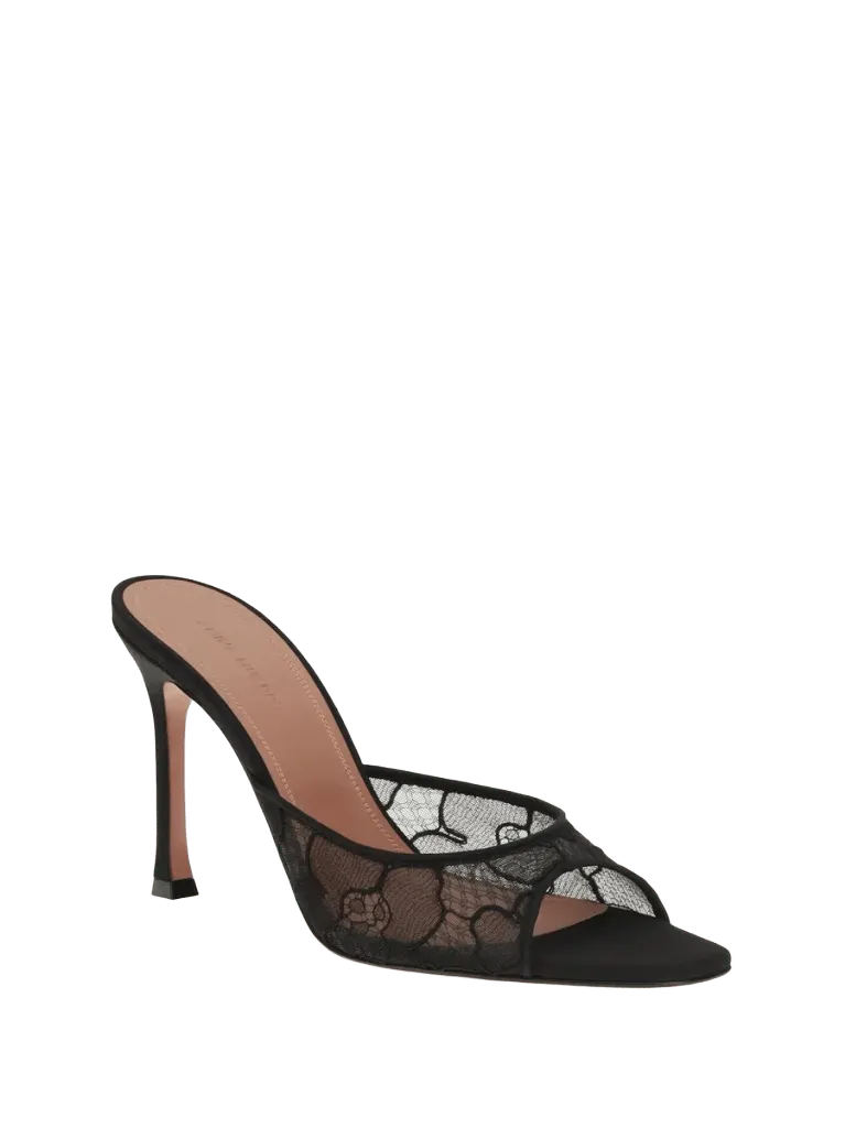 Amina Muaddi Lace Open-Toe Mule Heel — Black