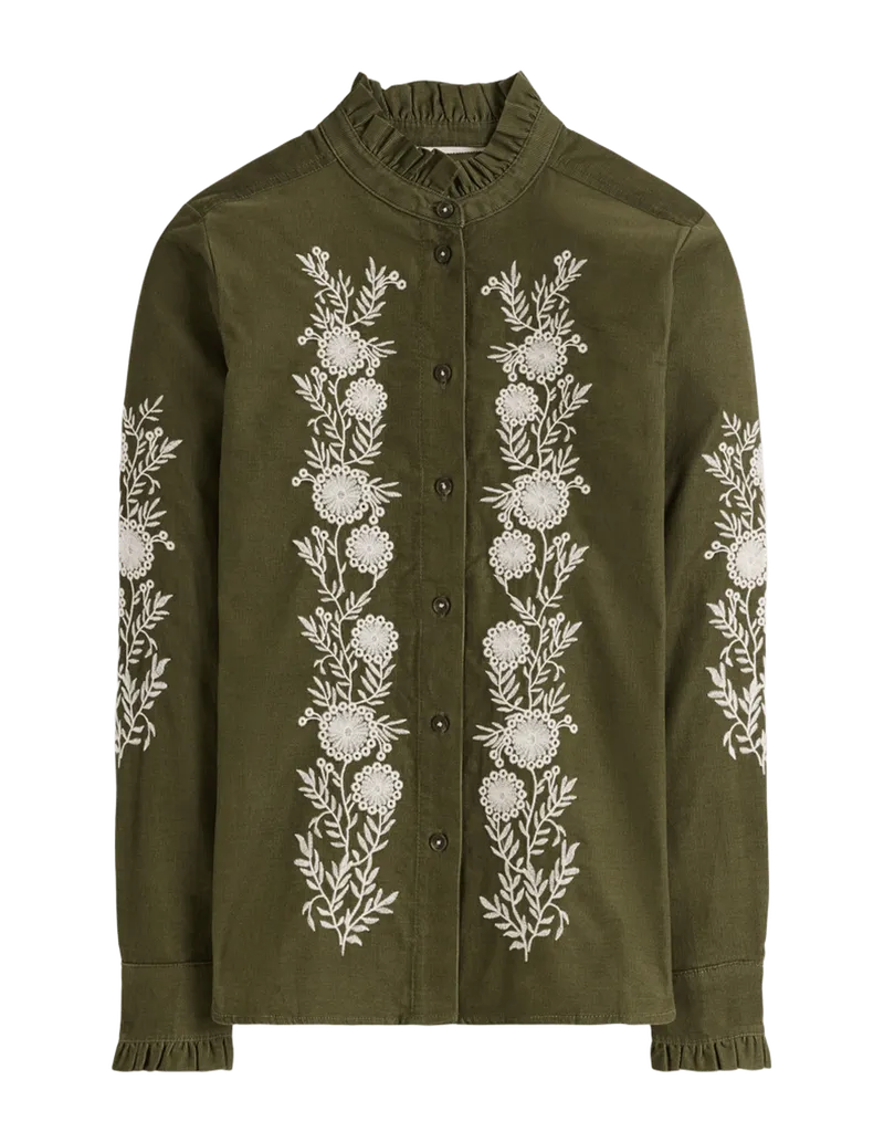 Sienna Frill Cord Shirt-Woodland Green, Embroidered