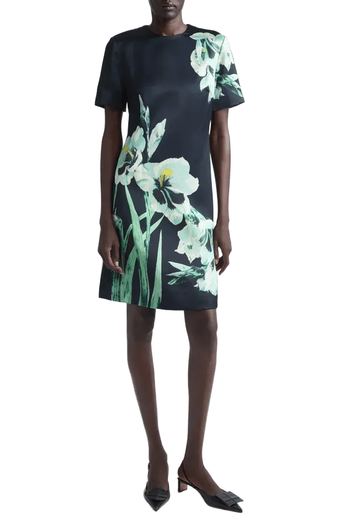 Floral Print Duchesse Satin A-Line Dress