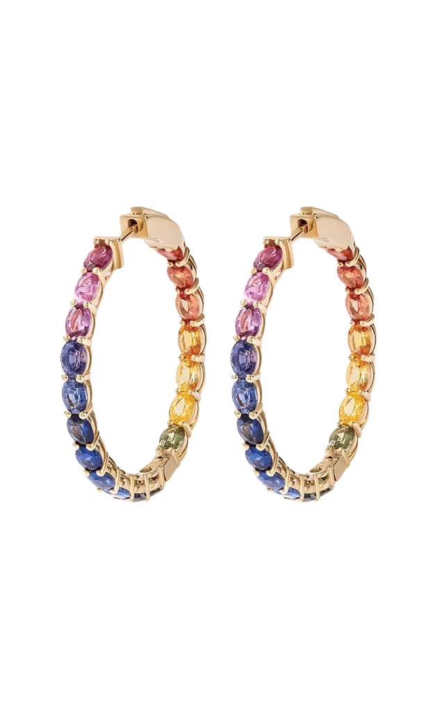 14k Yellow Gold 1.25 inch Oval Rainbow Sapphire Earrings