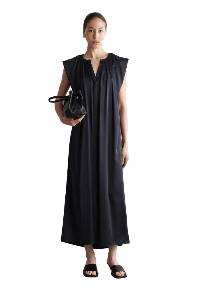 PLEATED SATIN MIDI DRESS